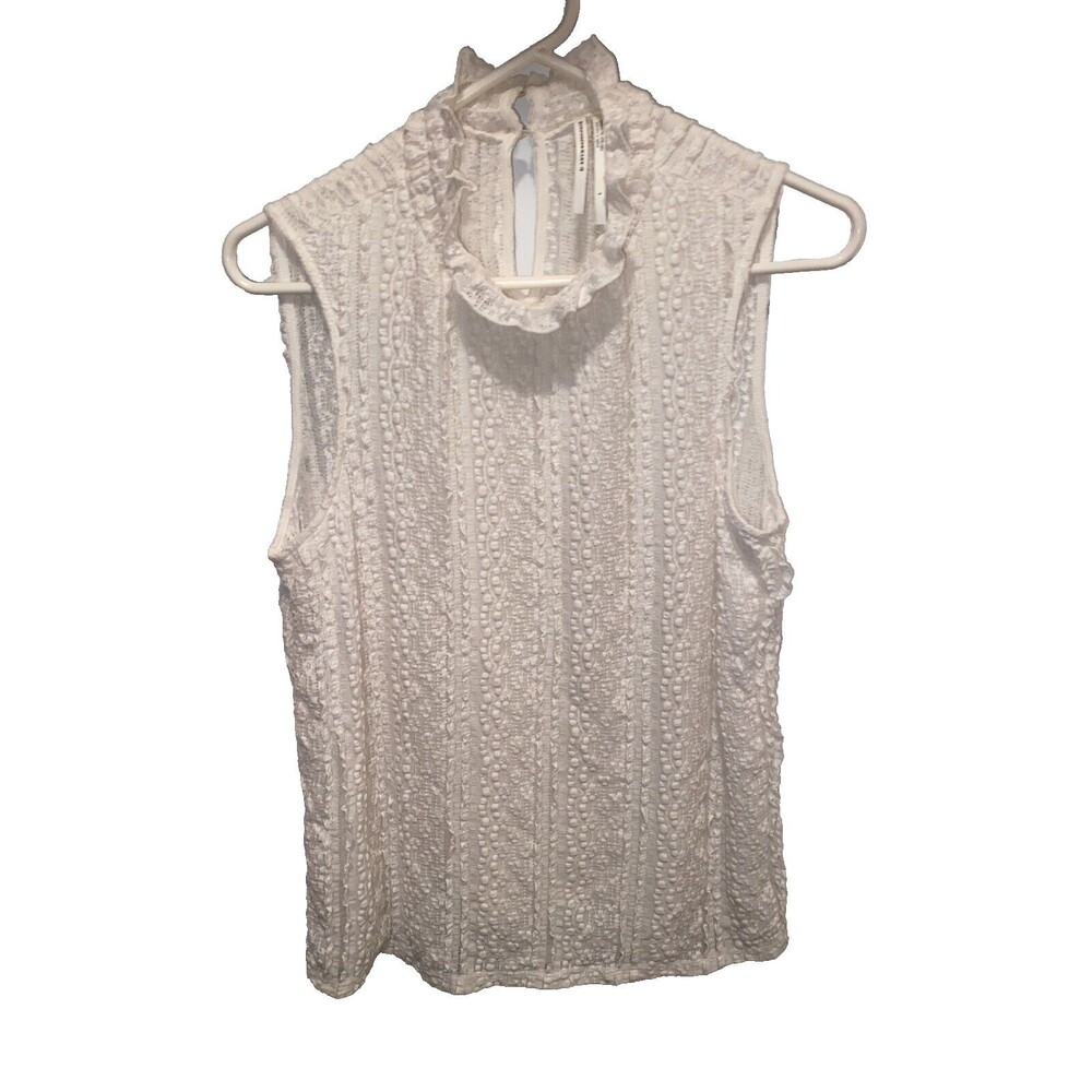 Anthropologie Women's Tank Top Sz L White Crochet Shirt Mallorie Ruffled Lace